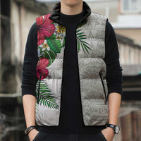 Hawaiian Tropical Plants Sleeveless Puffer Jacket Kakau Tattoo and Polynesian Pattern Half White Color