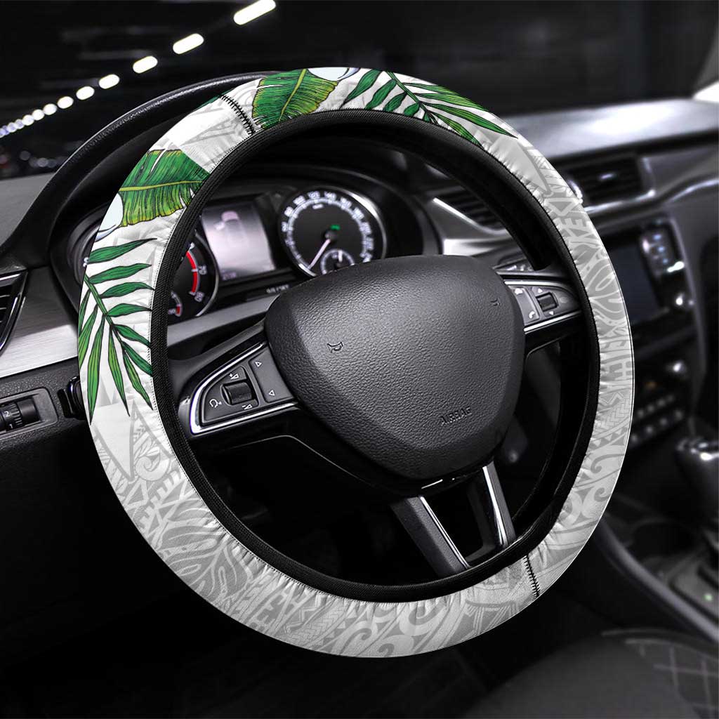 Hawaiian Tropical Plants Steering Wheel Cover Kakau Tattoo and Polynesian Pattern Half White Color