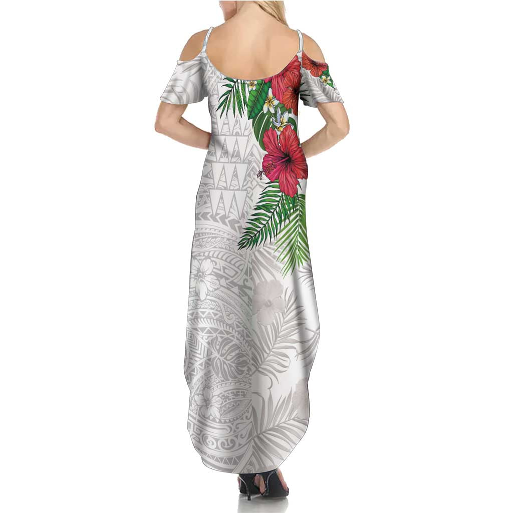Hawaiian Tropical Plants Summer Maxi Dress Kakau Tattoo and Polynesian Pattern Half White Color