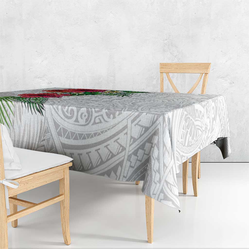 Hawaiian Tropical Plants Tablecloth Kakau Tattoo and Polynesian Pattern Half White Color