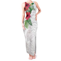 Hawaiian Tropical Plants Tank Maxi Dress Kakau Tattoo and Polynesian Pattern Half White Color