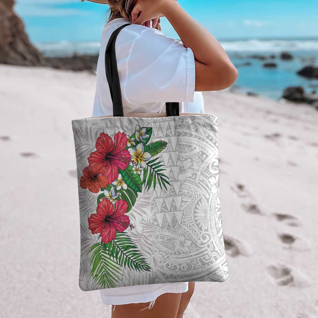 Hawaiian Tropical Plants Tote Bag Kakau Tattoo and Polynesian Pattern Half White Color