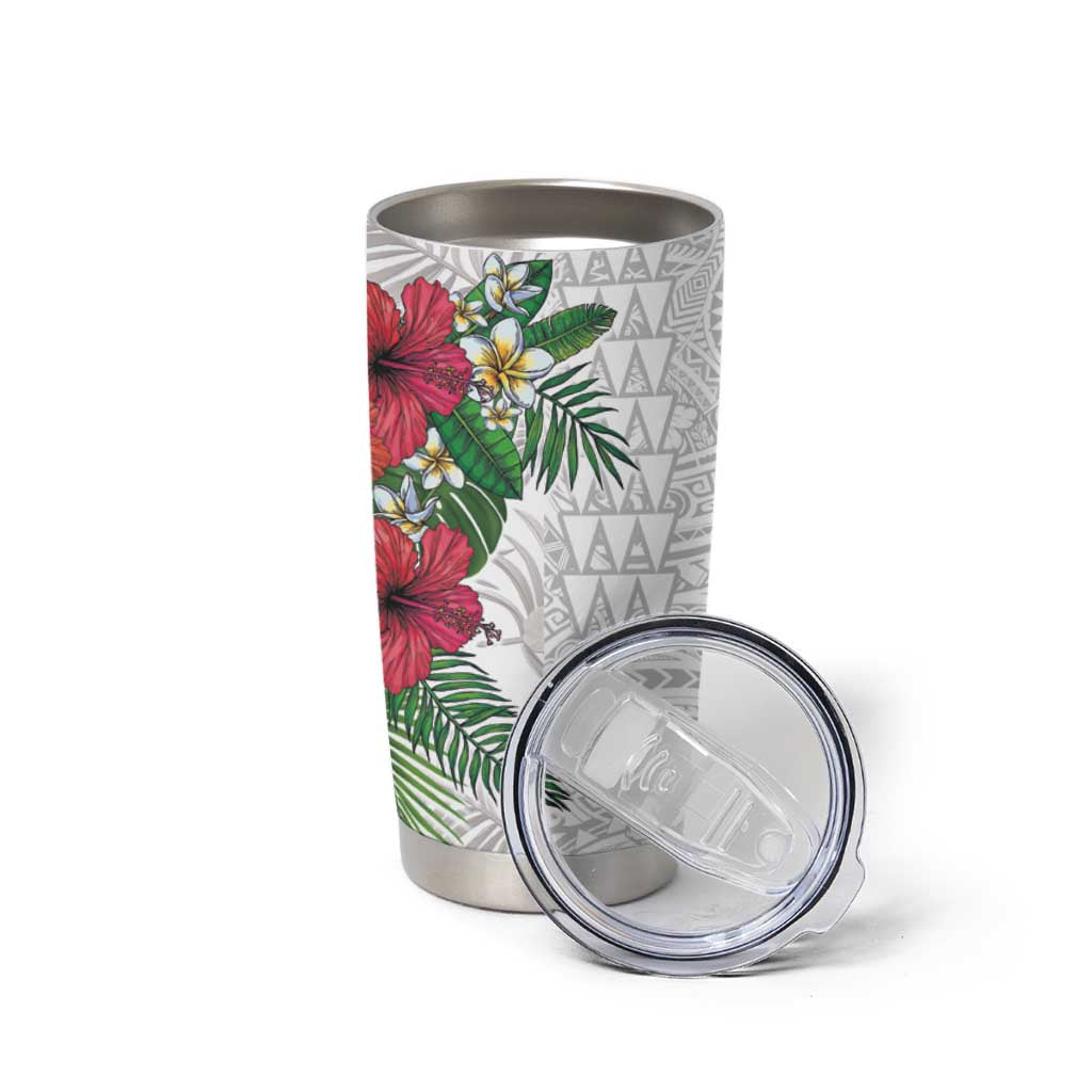 Hawaiian Tropical Plants Tumbler Cup Kakau Tattoo and Polynesian Pattern Half White Color