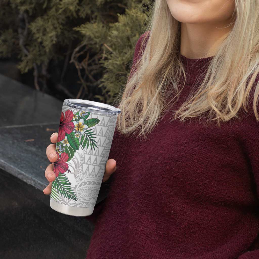 Hawaiian Tropical Plants Tumbler Cup Kakau Tattoo and Polynesian Pattern Half White Color