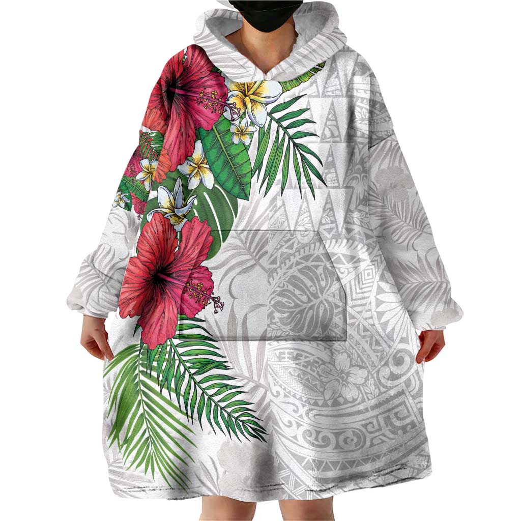 Hawaiian Tropical Plants Wearable Blanket Hoodie Kakau Tattoo and Polynesian Pattern Half White Color