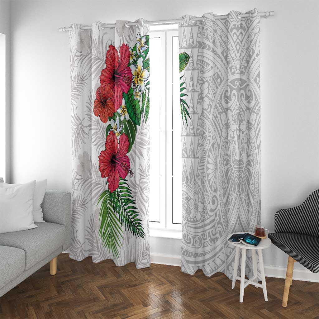Hawaiian Tropical Plants Window Curtain Kakau Tattoo and Polynesian Pattern Half White Color