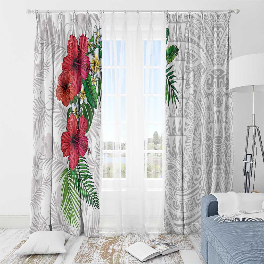 Hawaiian Tropical Plants Window Curtain Kakau Tattoo and Polynesian Pattern Half White Color