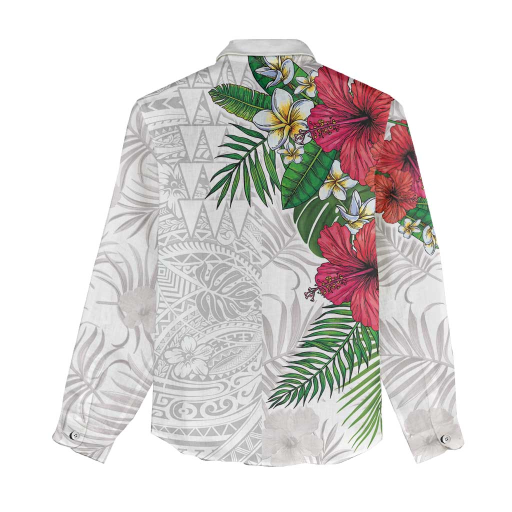 Hawaiian Tropical Plants Women Casual Shirt Kakau Tattoo and Polynesian Pattern Half White Color