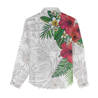 Hawaiian Tropical Plants Women Casual Shirt Kakau Tattoo and Polynesian Pattern Half White Color