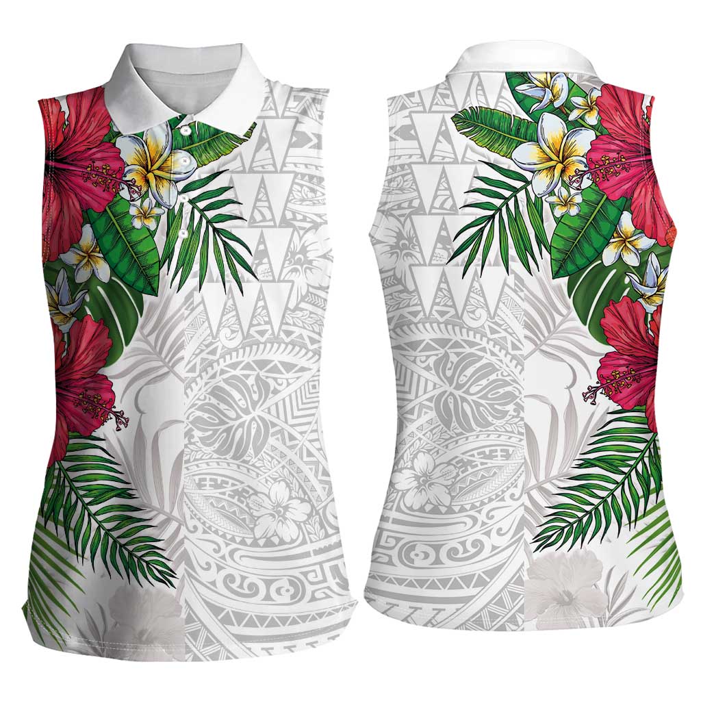 Hawaiian Tropical Plants Women Sleeveless Polo Shirt Kakau Tattoo and Polynesian Pattern Half White Color