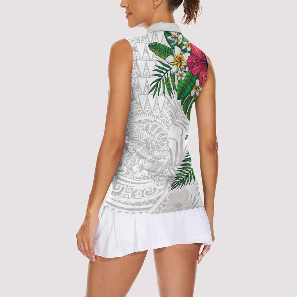 Hawaiian Tropical Plants Women Sleeveless Polo Shirt Kakau Tattoo and Polynesian Pattern Half White Color