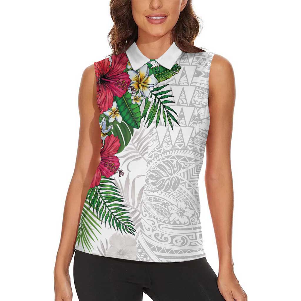 Hawaiian Tropical Plants Women Sleeveless Polo Shirt Kakau Tattoo and Polynesian Pattern Half White Color