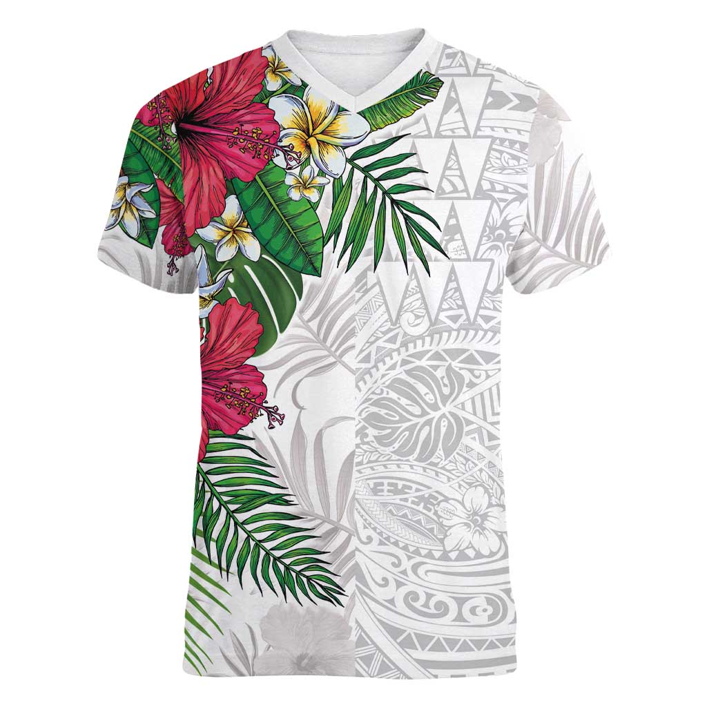 Hawaiian Tropical Plants Women V-Neck T-Shirt Kakau Tattoo and Polynesian Pattern Half White Color