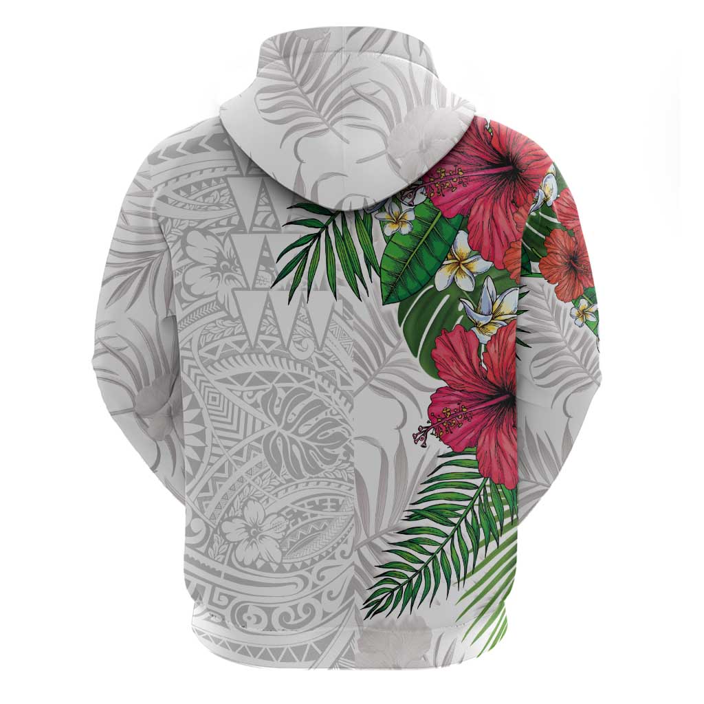 Hawaiian Tropical Plants Zip Hoodie Kakau Tattoo and Polynesian Pattern Half White Color