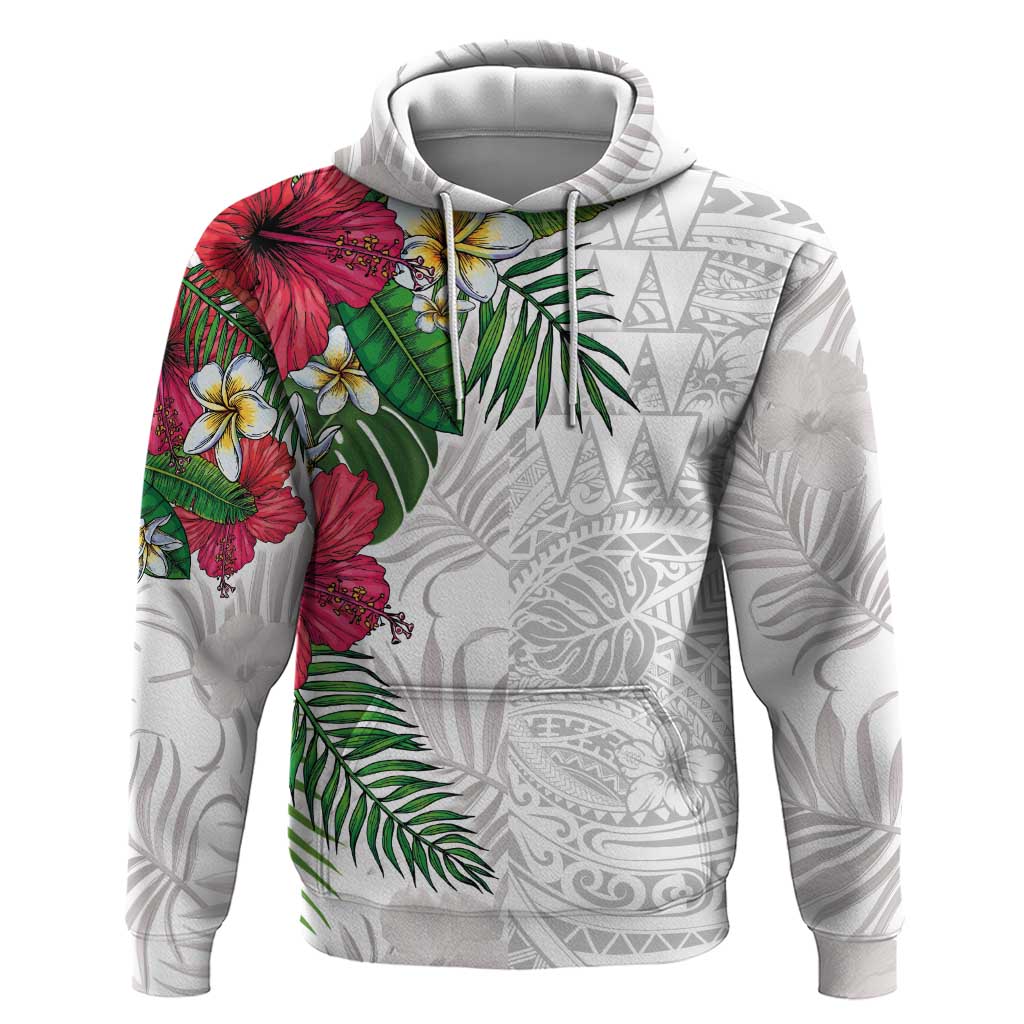 Hawaiian Tropical Plants Zip Hoodie Kakau Tattoo and Polynesian Pattern Half White Color