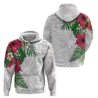 Hawaiian Tropical Plants Zip Hoodie Kakau Tattoo and Polynesian Pattern Half White Color