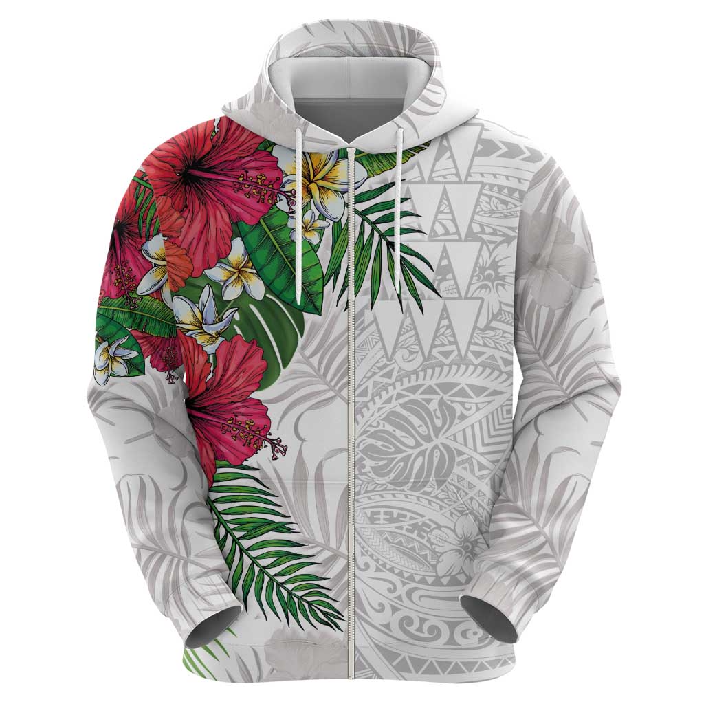 Hawaiian Tropical Plants Zip Hoodie Kakau Tattoo and Polynesian Pattern Half White Color