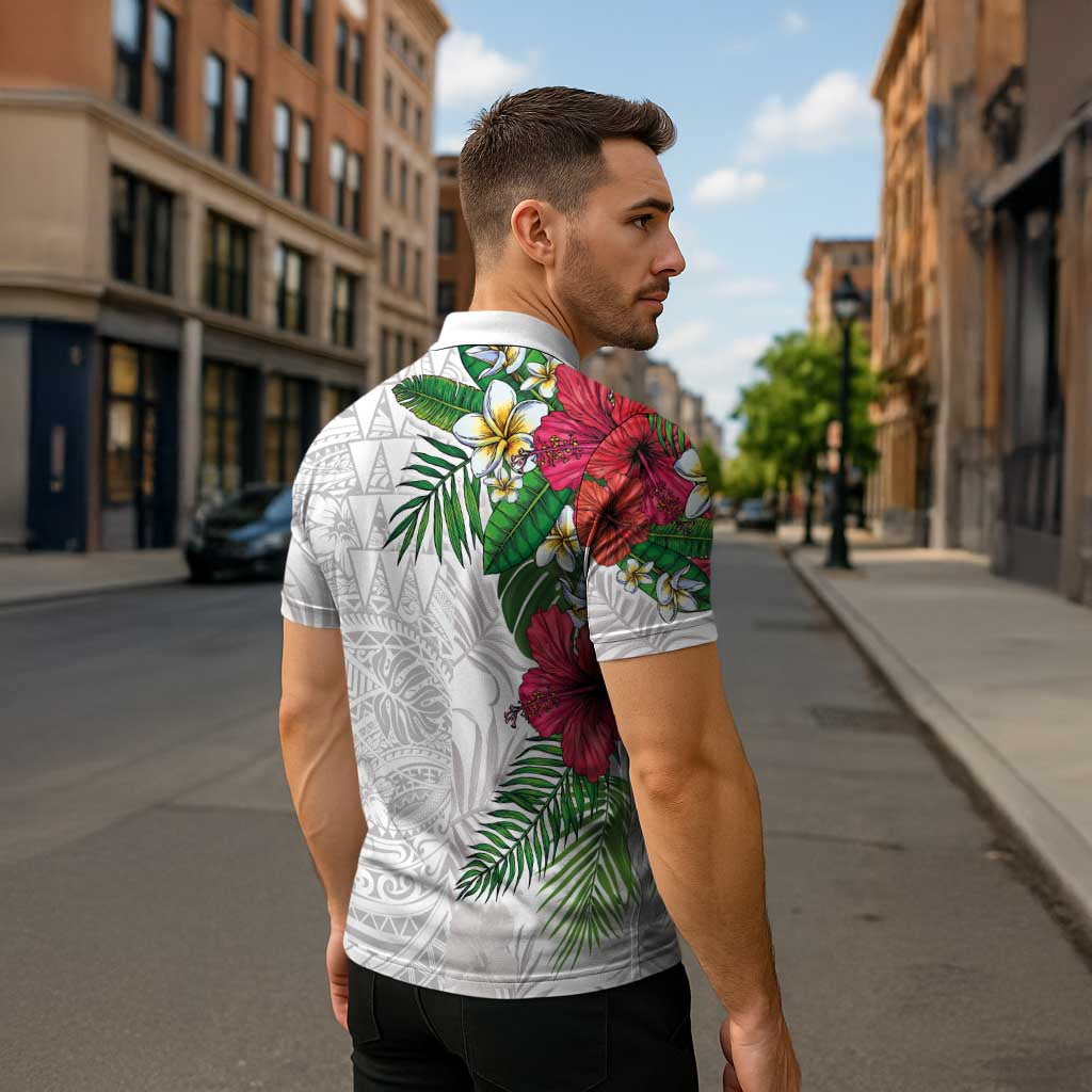 Hawaiian Tropical Plants Zipper Polo Shirt Kakau Tattoo and Polynesian Pattern Half White Color