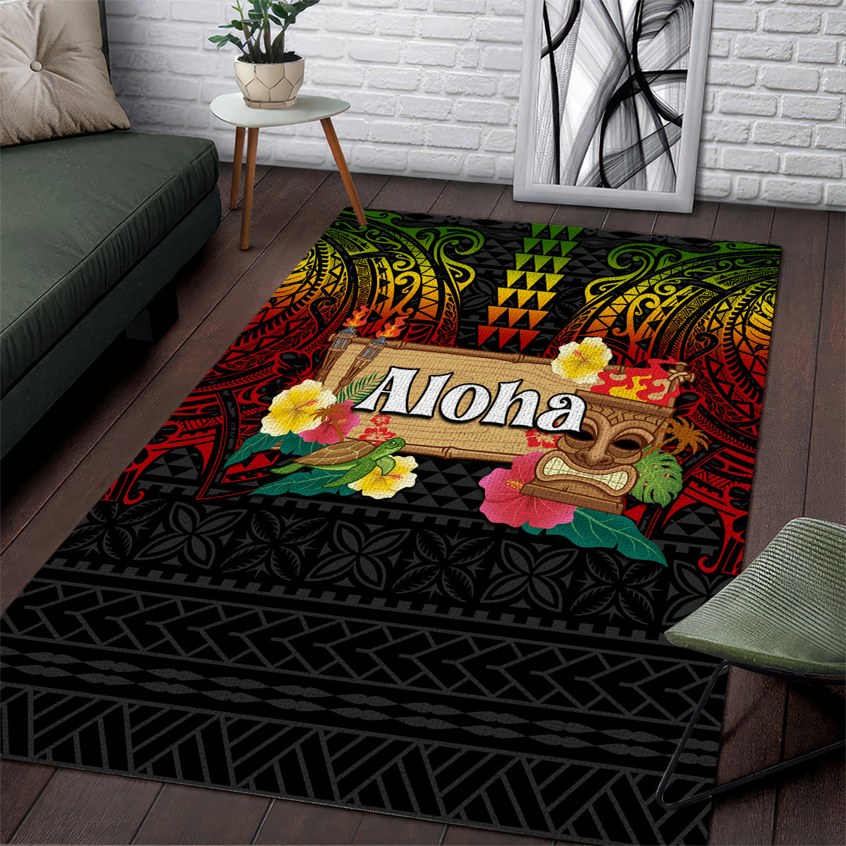 Hawaiian Elements and Polynesian Tattoo Area Rug