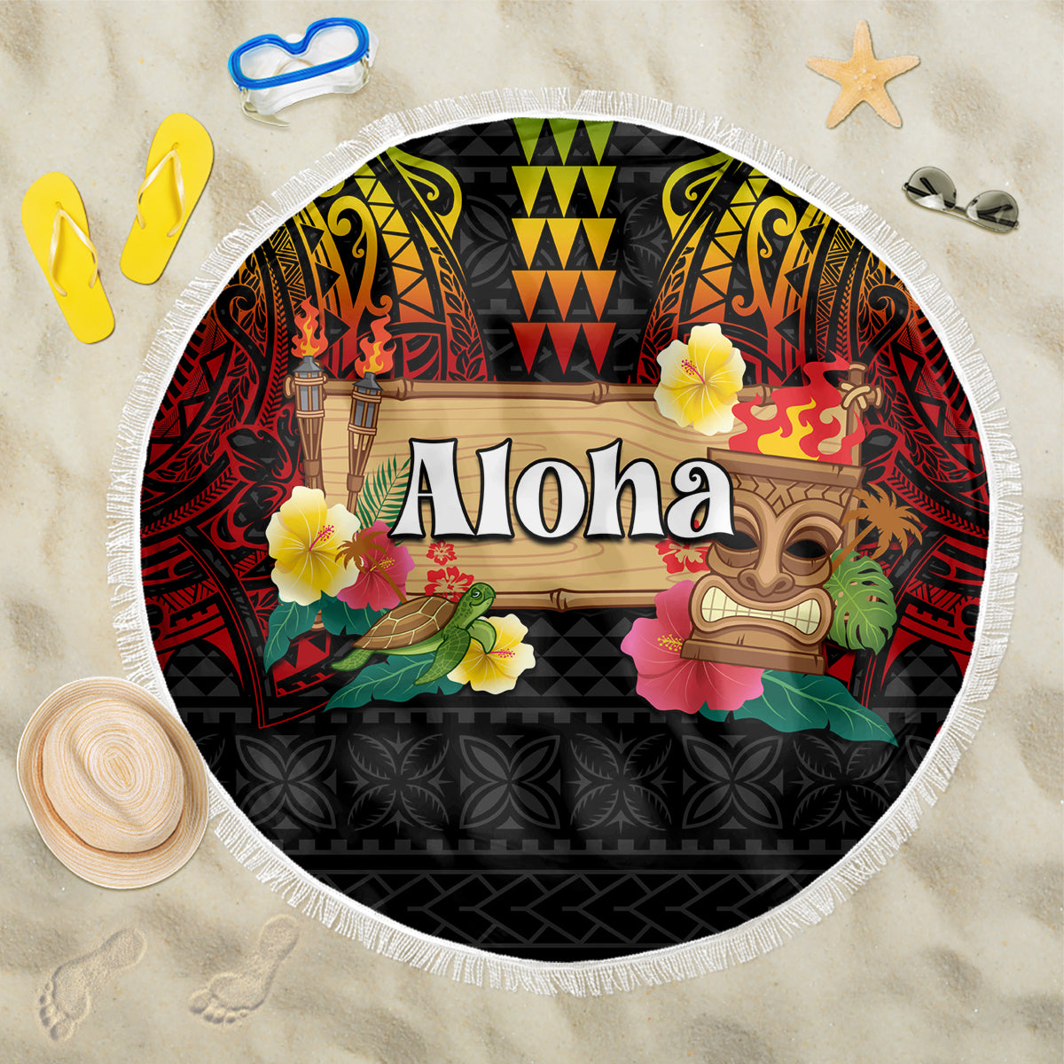 Hawaiian Elements and Polynesian Tattoo Beach Blanket