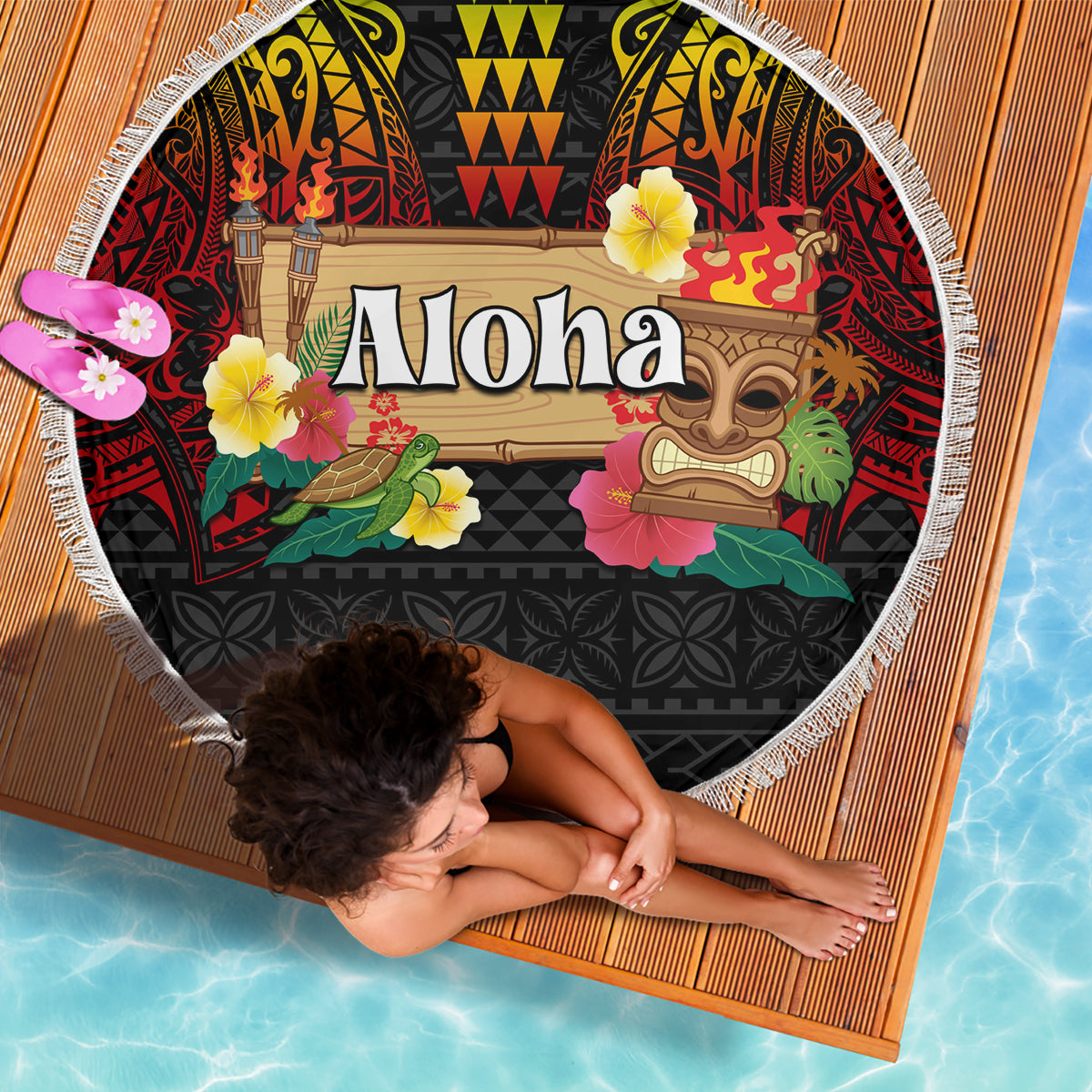 Hawaiian Elements and Polynesian Tattoo Beach Blanket