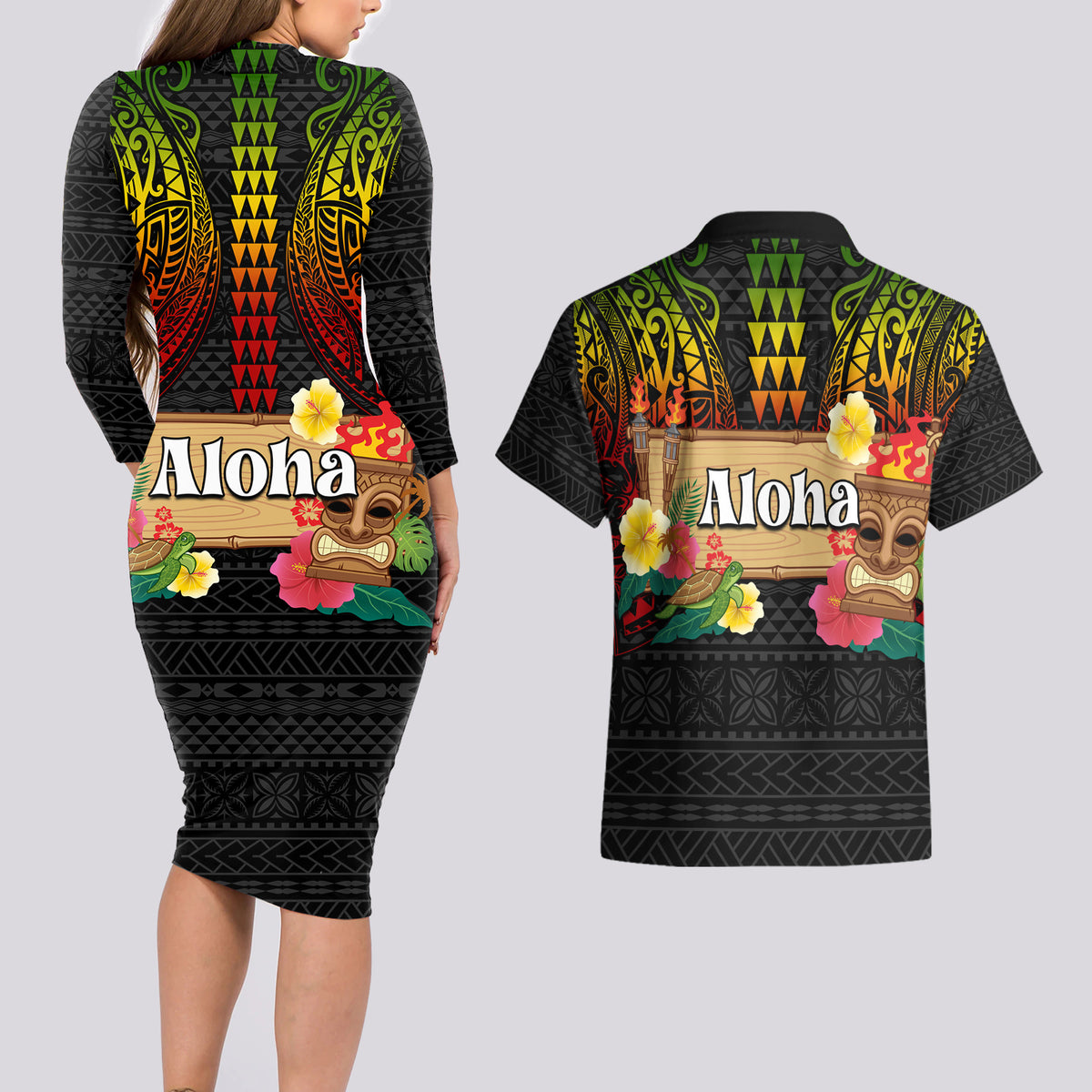 Hawaiian Elements and Polynesian Tattoo Couples Matching Long Sleeve Bodycon Dress and Hawaiian Shirt LT03 - Polynesian Pride