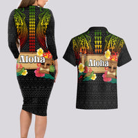 Hawaiian Elements and Polynesian Tattoo Couples Matching Long Sleeve Bodycon Dress and Hawaiian Shirt LT03 - Polynesian Pride