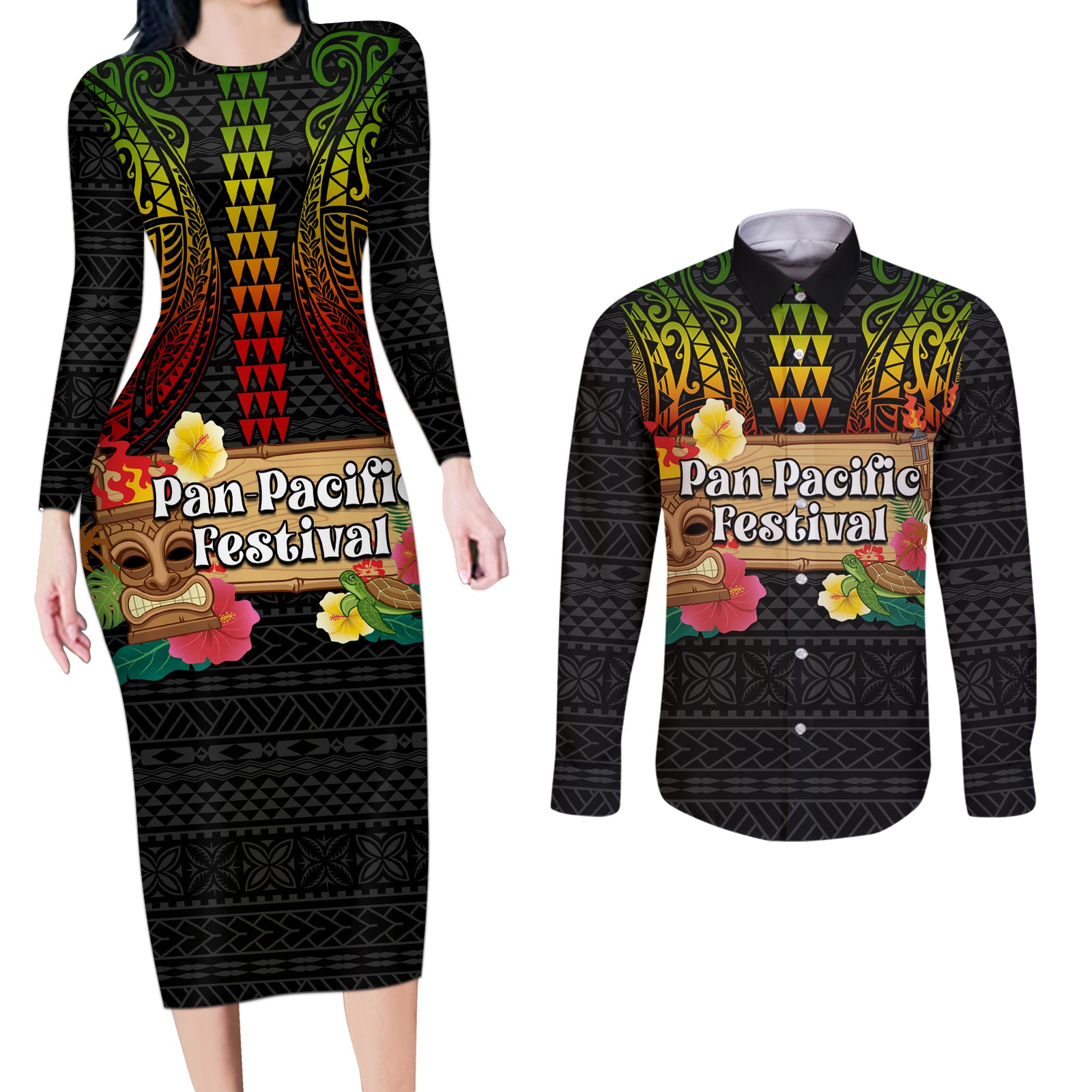 Hawaii Pan-Pacific Festival Couples Matching Long Sleeve Bodycon Dress and Long Sleeve Button Shirt Hawaiian Elements and Polynesian Tattoo