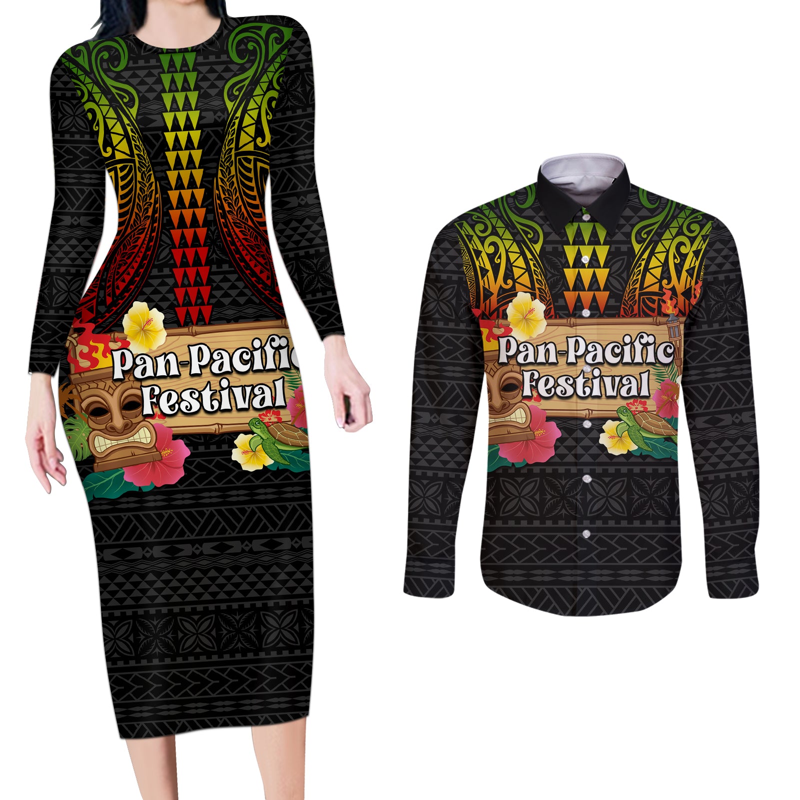 Hawaii Pan-Pacific Festival Couples Matching Long Sleeve Bodycon Dress and Long Sleeve Button Shirt Hawaiian Elements and Polynesian Tattoo