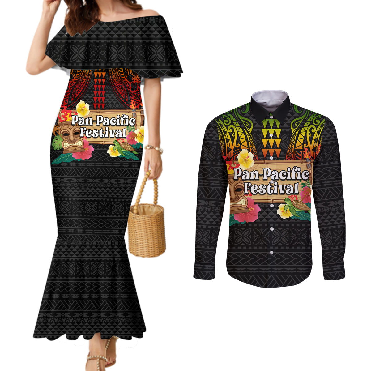 Hawaii Pan-Pacific Festival Couples Matching Mermaid Dress and Long Sleeve Button Shirt Hawaiian Elements and Polynesian Tattoo
