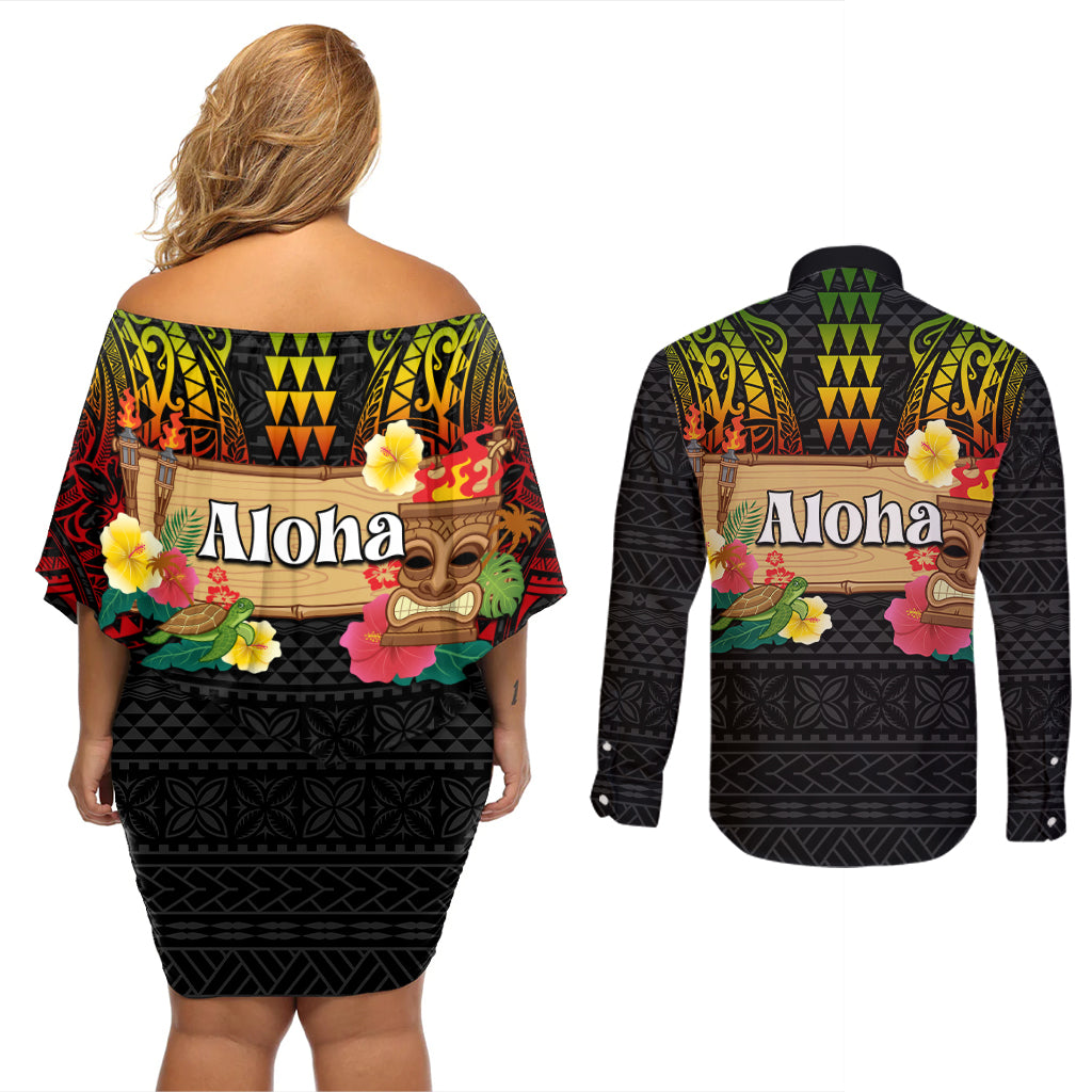 Hawaii Pan-Pacific Festival Couples Matching Off Shoulder Short Dress and Long Sleeve Button Shirt Hawaiian Elements and Polynesian Tattoo