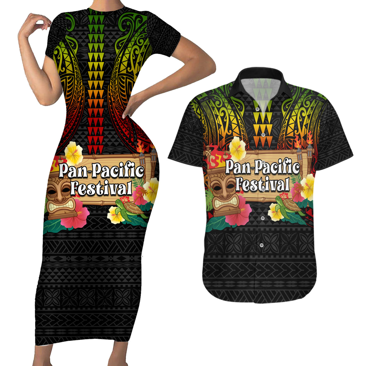 Hawaiian Elements and Polynesian Tattoo Couples Matching Short Sleeve Bodycon Dress and Hawaiian Shirt LT03 Black - Polynesian Pride