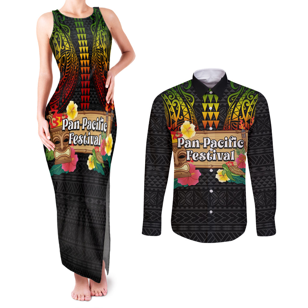 Hawaii Pan-Pacific Festival Couples Matching Tank Maxi Dress and Long Sleeve Button Shirt Hawaiian Elements and Polynesian Tattoo