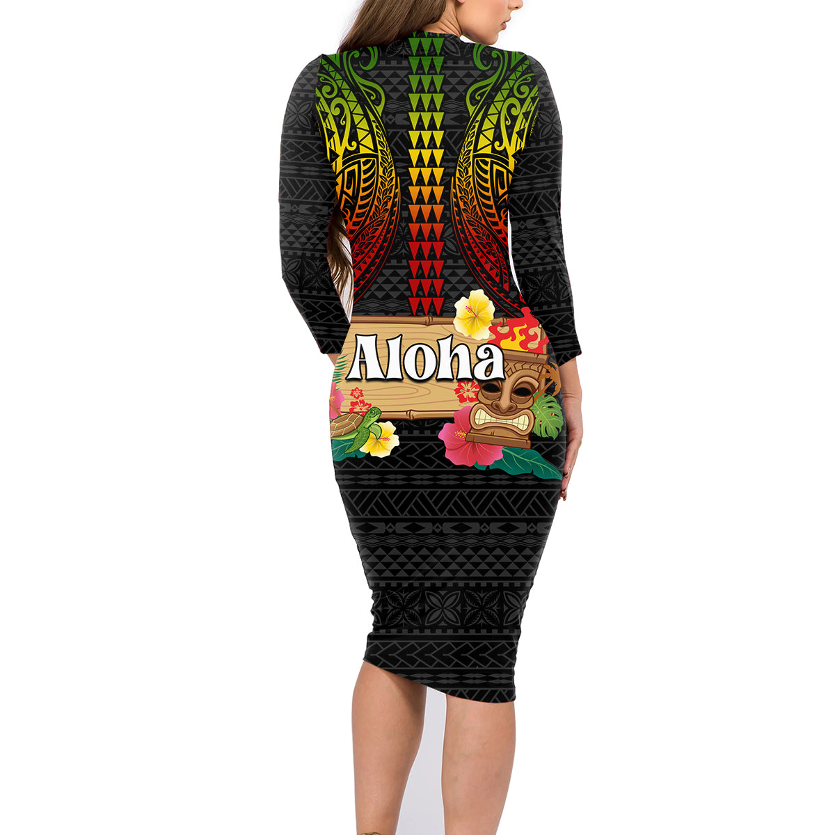 Hawaii Pan-Pacific Festival Family Matching Long Sleeve Bodycon Dress and Hawaiian Shirt Hawaiian Elements and Polynesian Tattoo