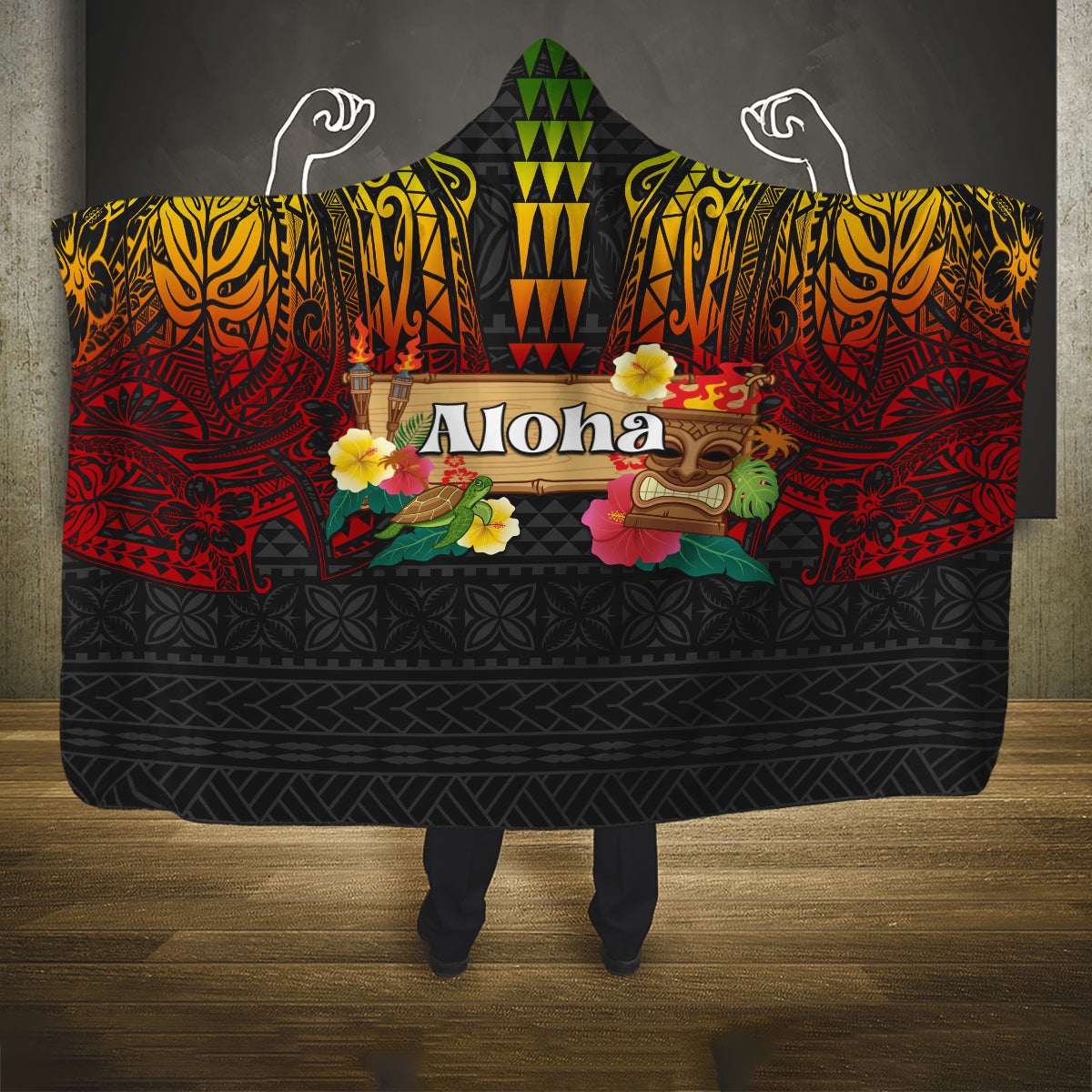 Hawaiian Elements and Polynesian Tattoo Hooded Blanket