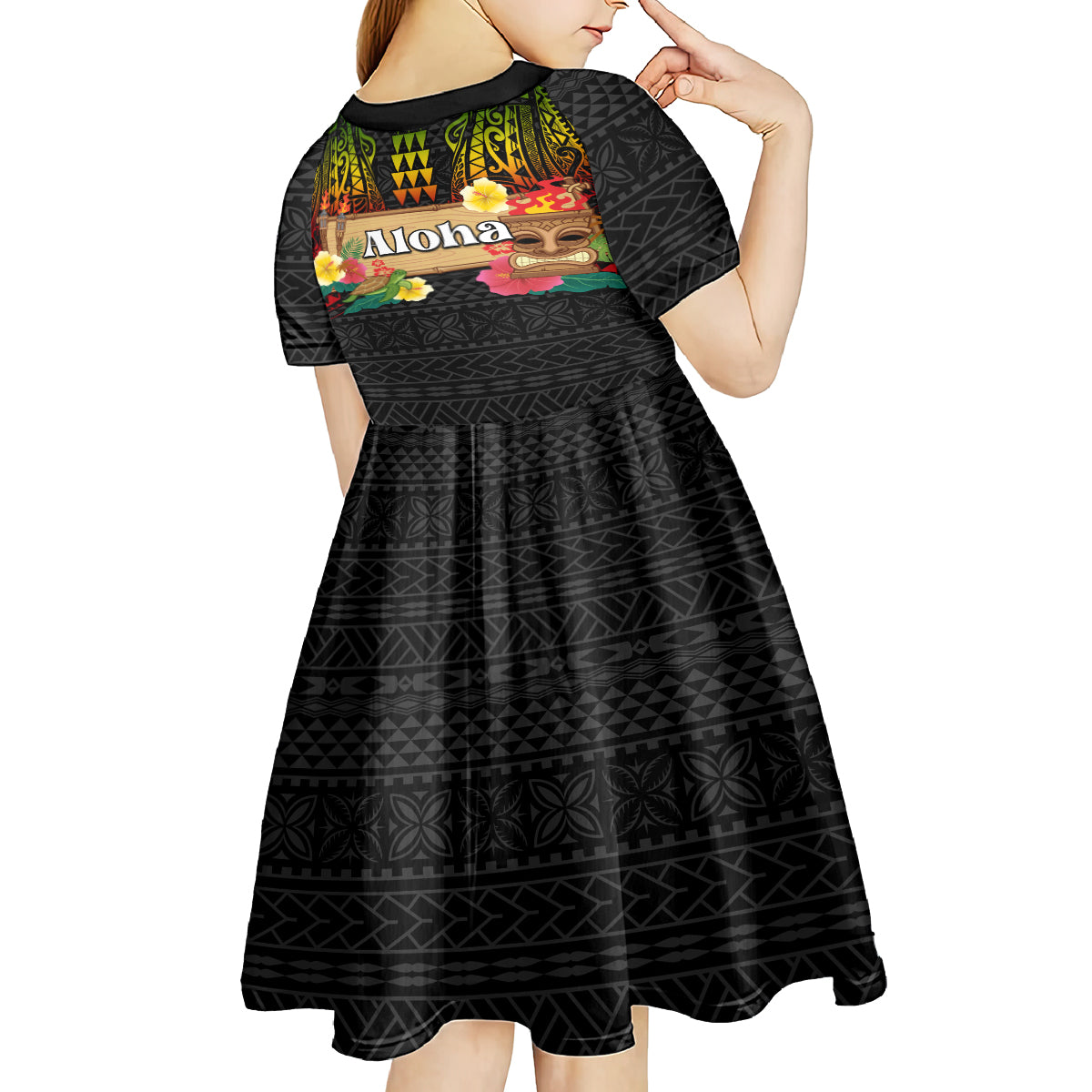 Hawaii Pan-Pacific Festival Kid Short Sleeve Dress Hawaiian Elements and Polynesian Tattoo