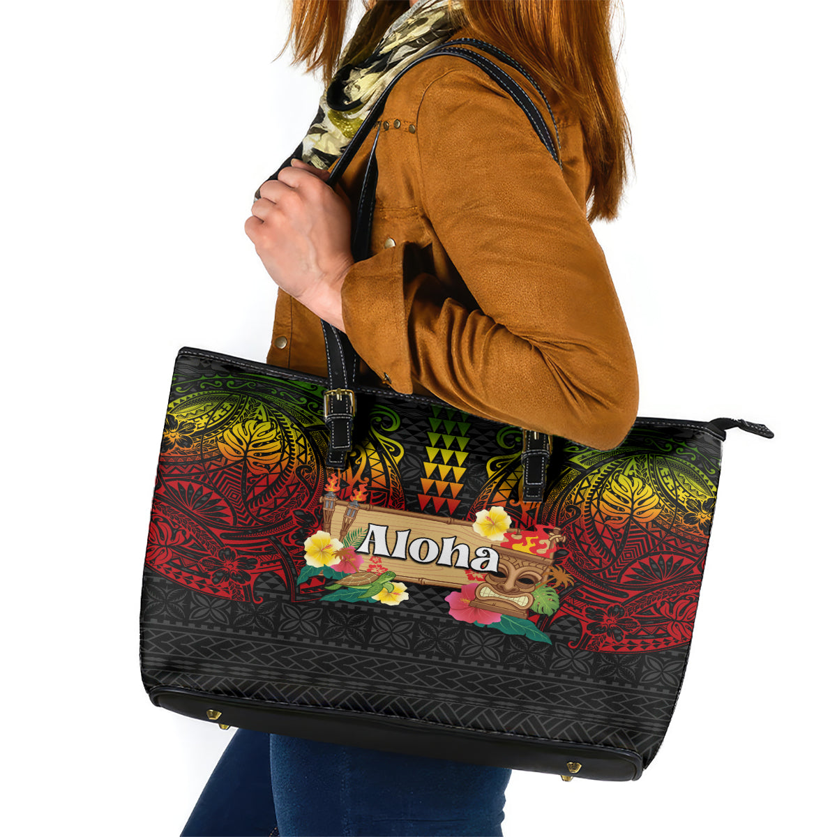 Hawaiian Elements and Polynesian Tattoo Leather Tote Bag