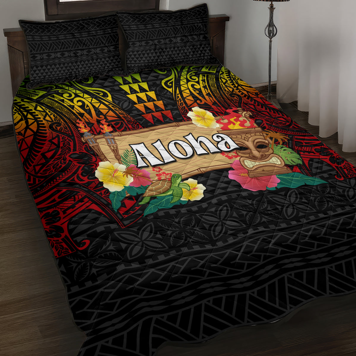 Hawaiian Elements and Polynesian Tattoo Quilt Bed Set