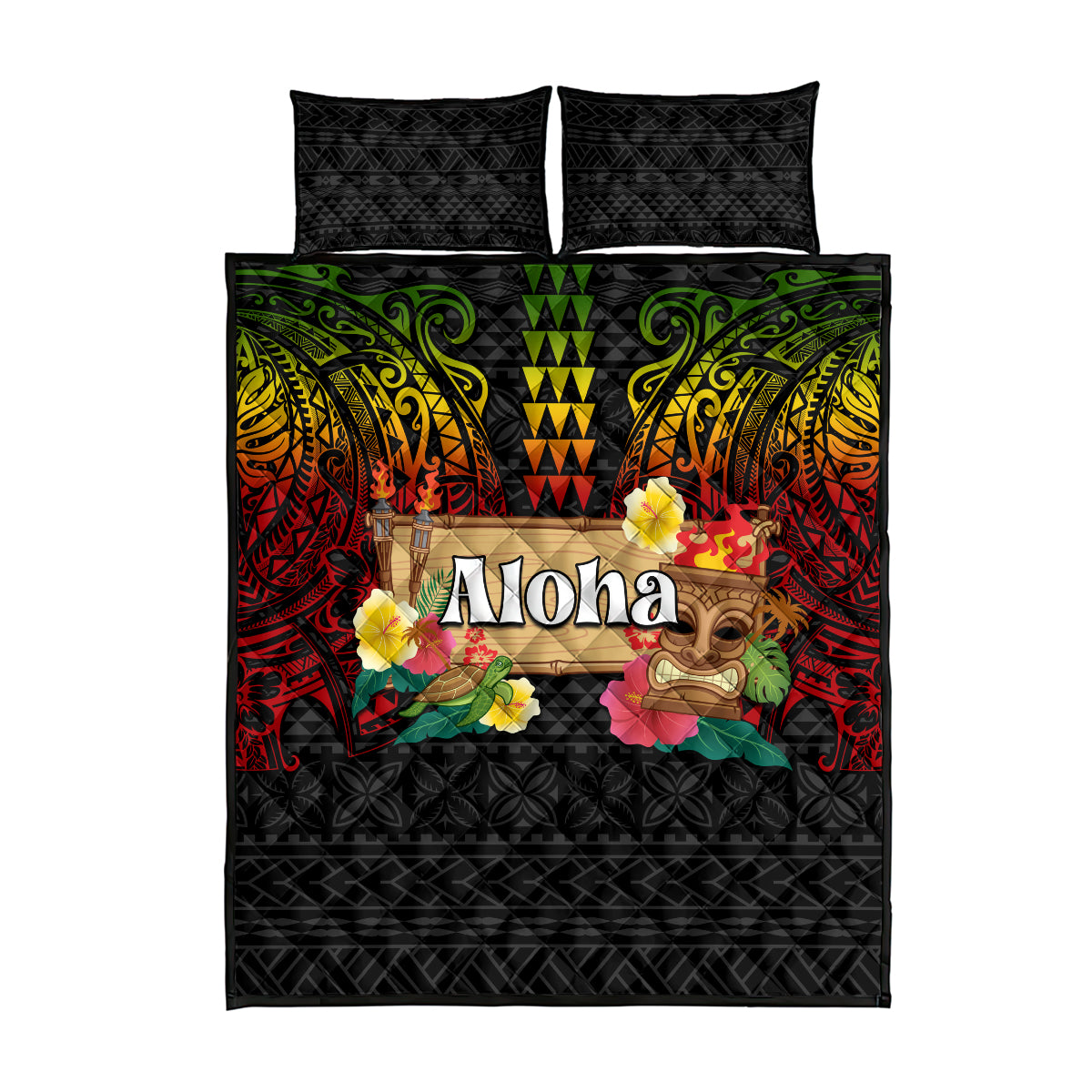 Hawaiian Elements and Polynesian Tattoo Quilt Bed Set