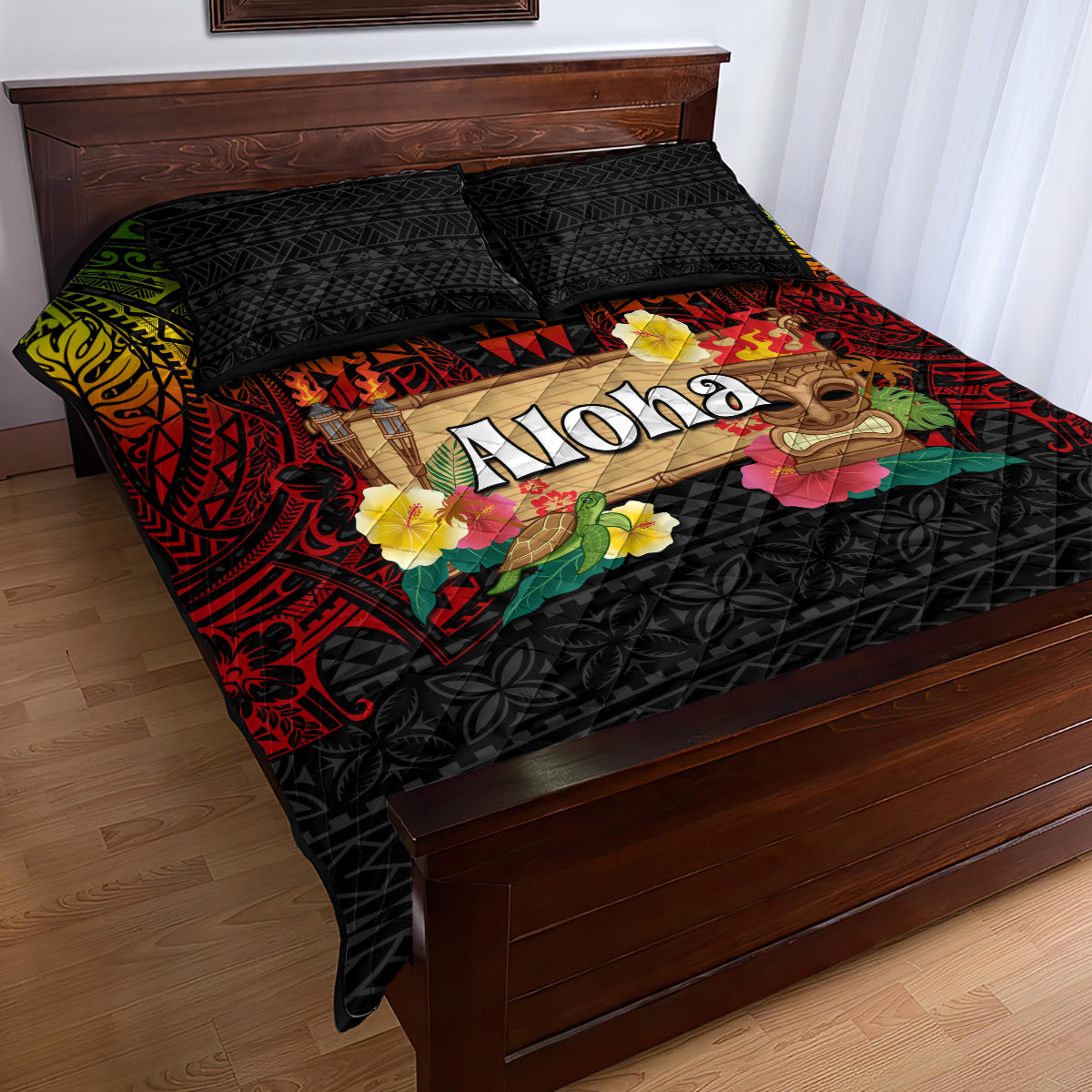 Hawaiian Elements and Polynesian Tattoo Quilt Bed Set