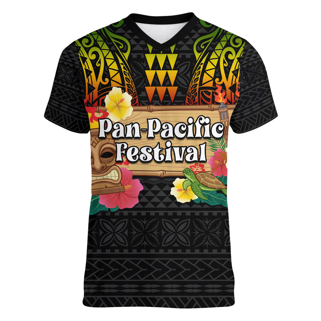 Hawaii Pan-Pacific Festival Women V Neck T Shirt Hawaiian Elements and Polynesian Tattoo