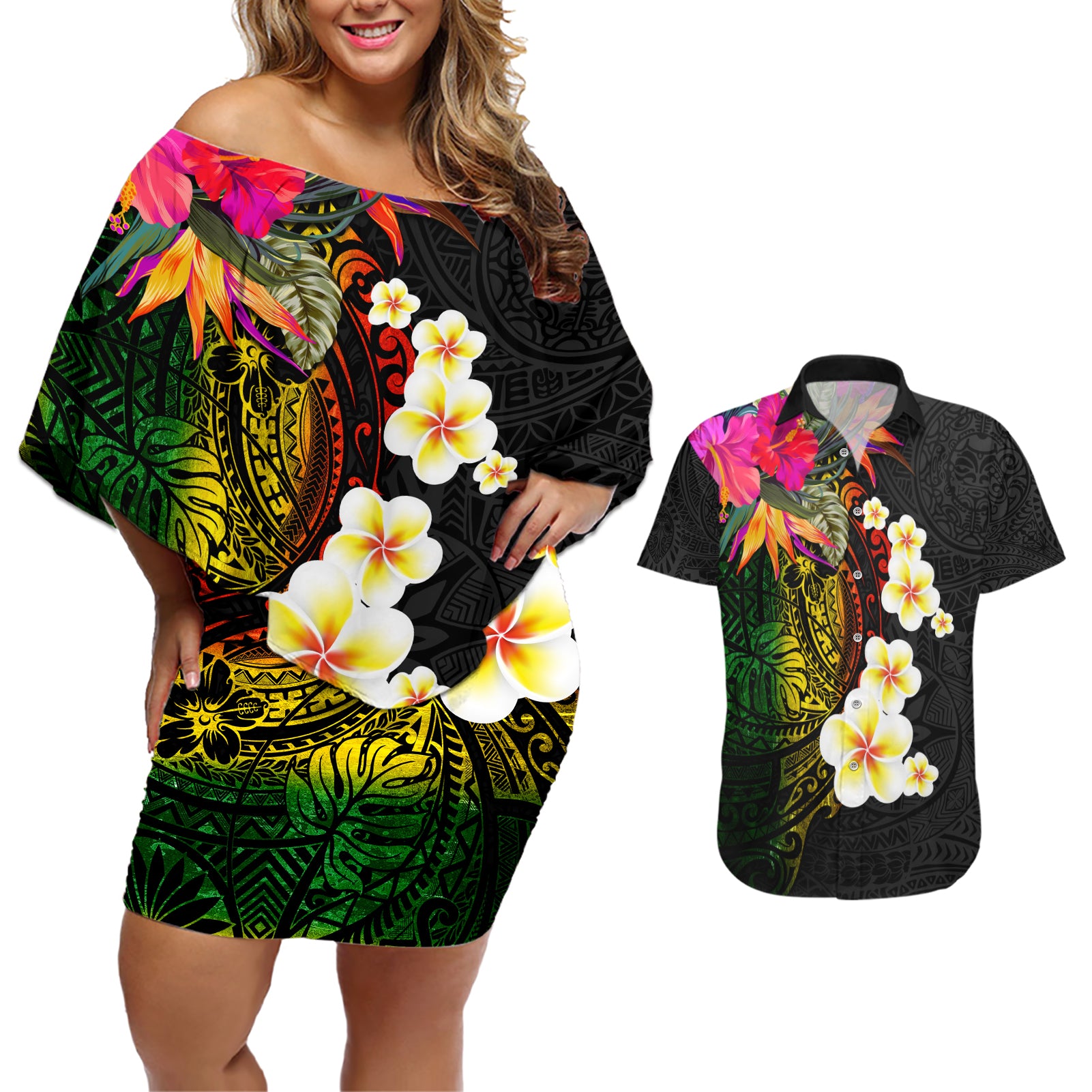 Hawaii Plumeria Couples Matching Off Shoulder Short Dress and Hawaiian Shirt Polynesian Tattoo and Hibiscus