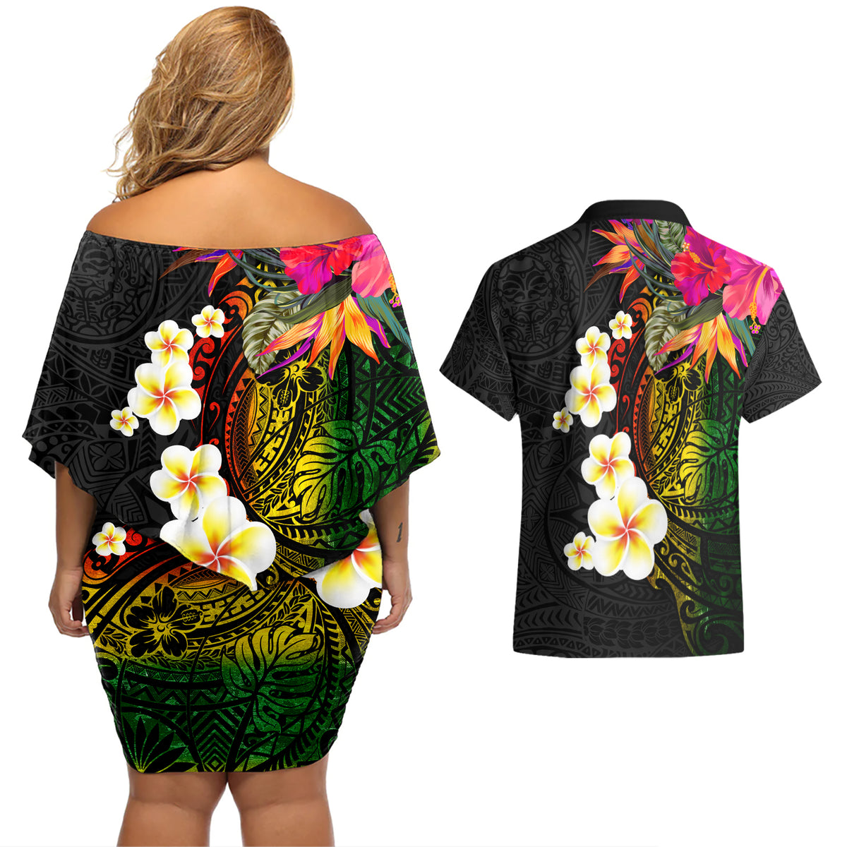 Hawaii Plumeria Couples Matching Off Shoulder Short Dress and Hawaiian Shirt Polynesian Tattoo and Hibiscus