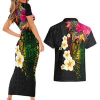 Hawaii Plumeria Couples Matching Short Sleeve Bodycon Dress and Hawaiian Shirt Polynesian Tattoo and Hibiscus LT03 - Polynesian Pride