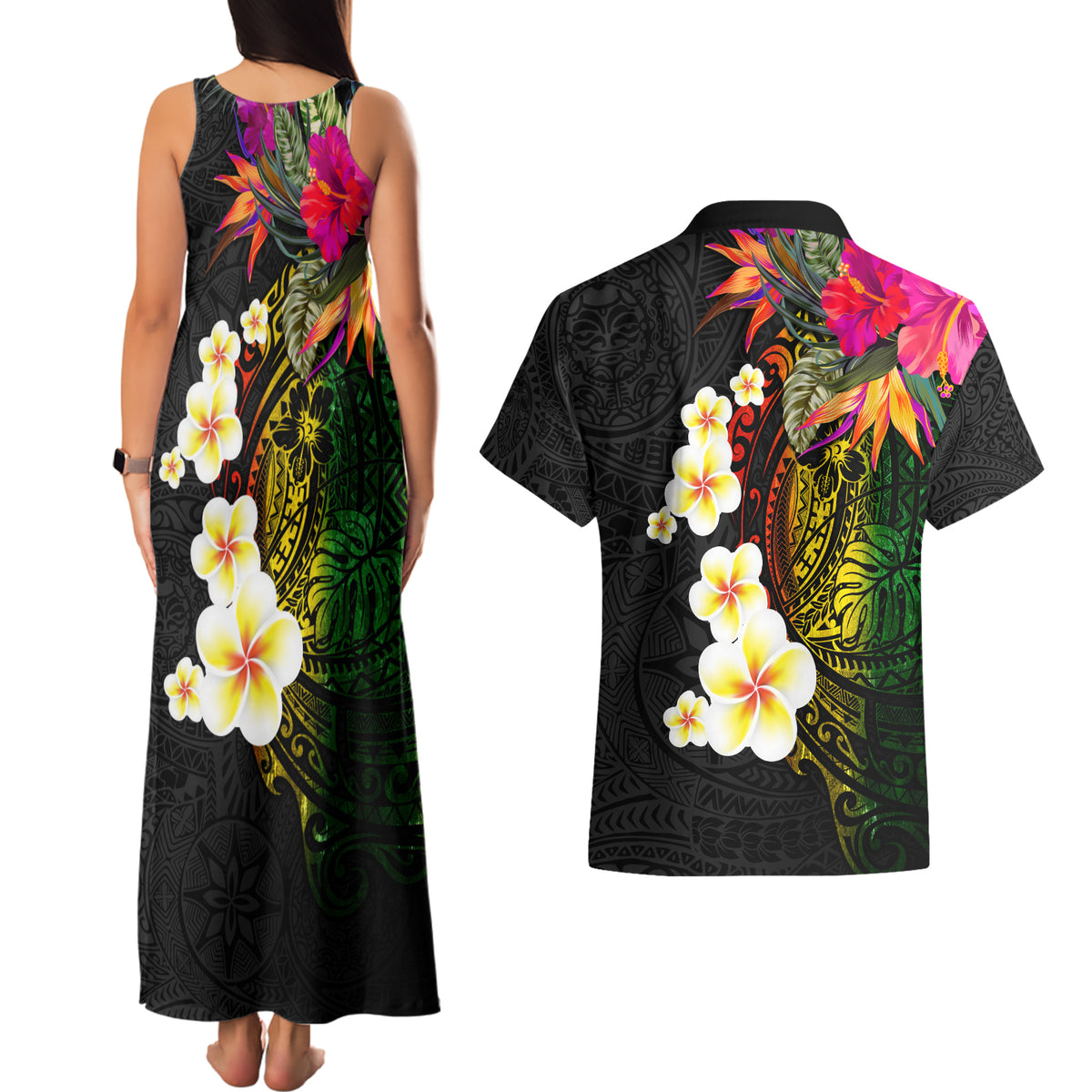 Hawaii Plumeria Couples Matching Tank Maxi Dress and Hawaiian Shirt Polynesian Tattoo and Hibiscus