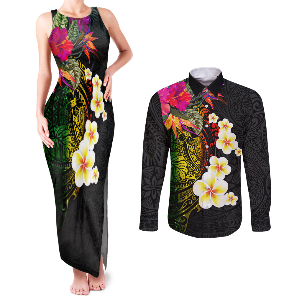 Hawaii Plumeria Couples Matching Tank Maxi Dress and Long Sleeve Button Shirt Polynesian Tattoo and Hibiscus