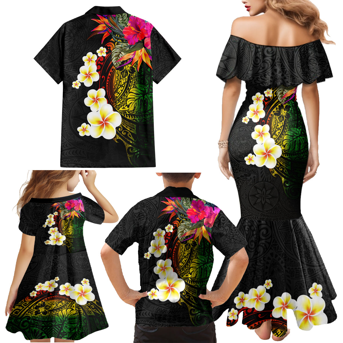 Hawaii Plumeria Family Matching Mermaid Dress and Hawaiian Shirt Polynesian Tattoo and Hibiscus LT03 - Polynesian Pride