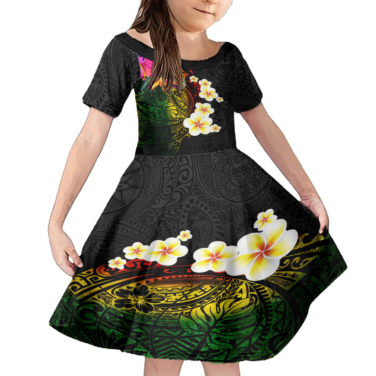 Hawaii Plumeria Family Matching Short Sleeve Bodycon Dress and Hawaiian Shirt Polynesian Tattoo and Hibiscus LT03 Daughter's Dress Black - Polynesian Pride