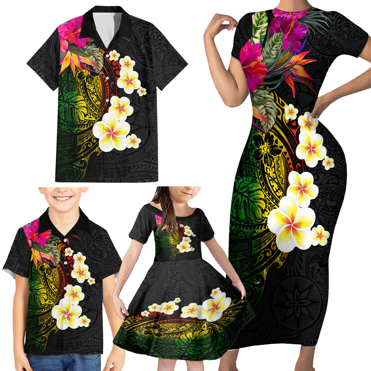 Hawaii Plumeria Family Matching Short Sleeve Bodycon Dress and Hawaiian Shirt Polynesian Tattoo and Hibiscus LT03 - Polynesian Pride
