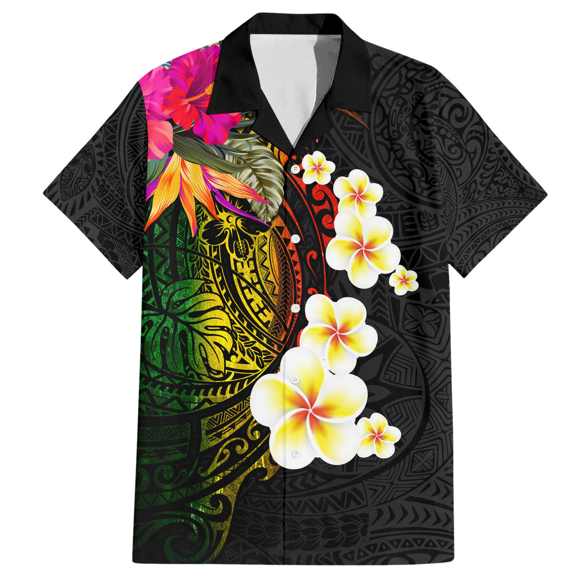 Hawaii Plumeria Family Matching Short Sleeve Bodycon Dress and Hawaiian Shirt Polynesian Tattoo and Hibiscus LT03 Dad's Shirt - Short Sleeve Black - Polynesian Pride